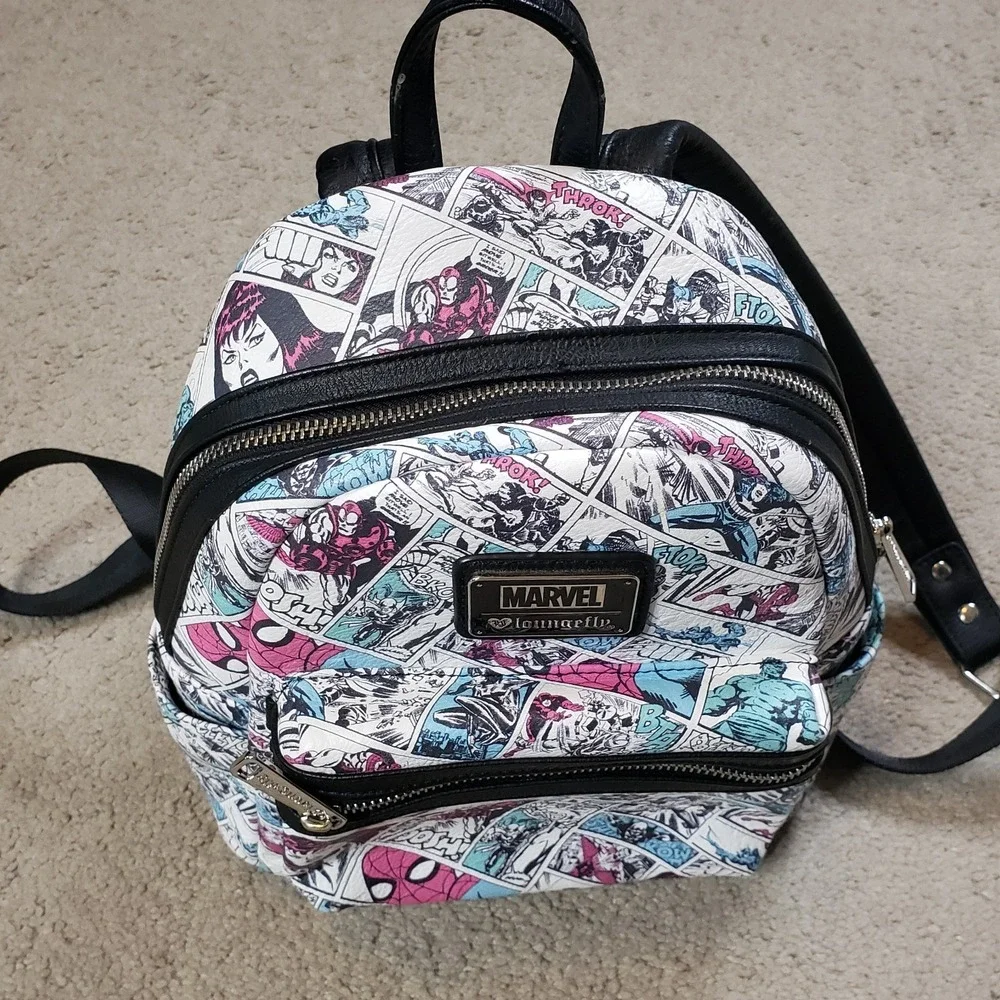 Loungefly Marvel Mini Backpack White Comics AOP Hulk Iron‎ Man Spiderman Cartoon